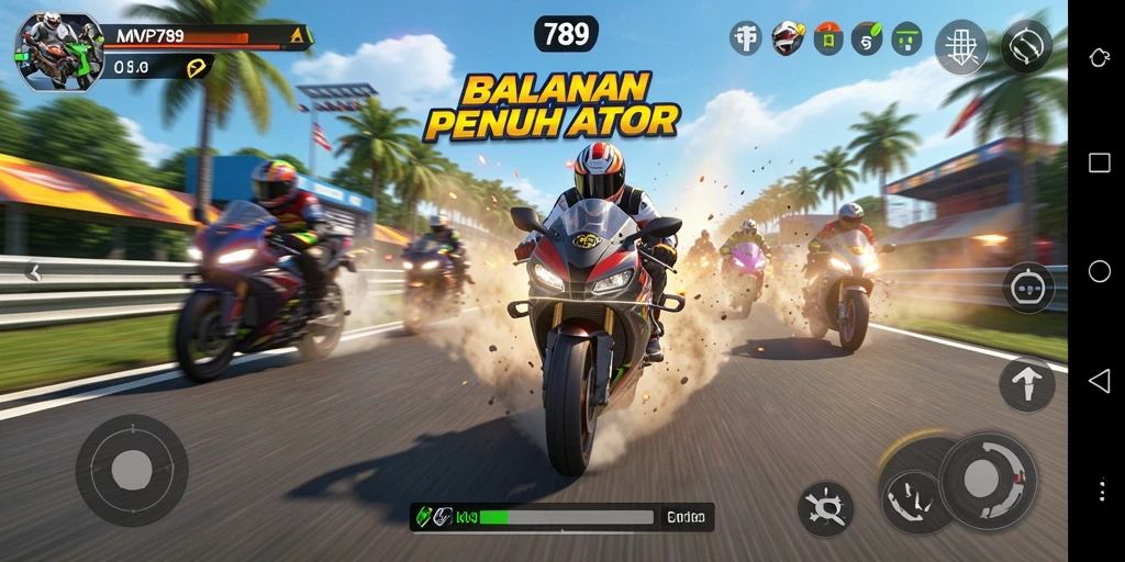 Screenshot menampilkan aksi seru balapan motor di MVP789.