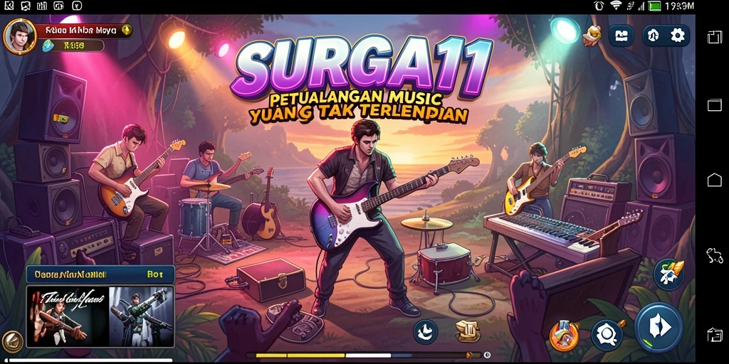 Screenshot utama SURGA11 menampilkan gameplay musik yang interaktif dan penuh warna.